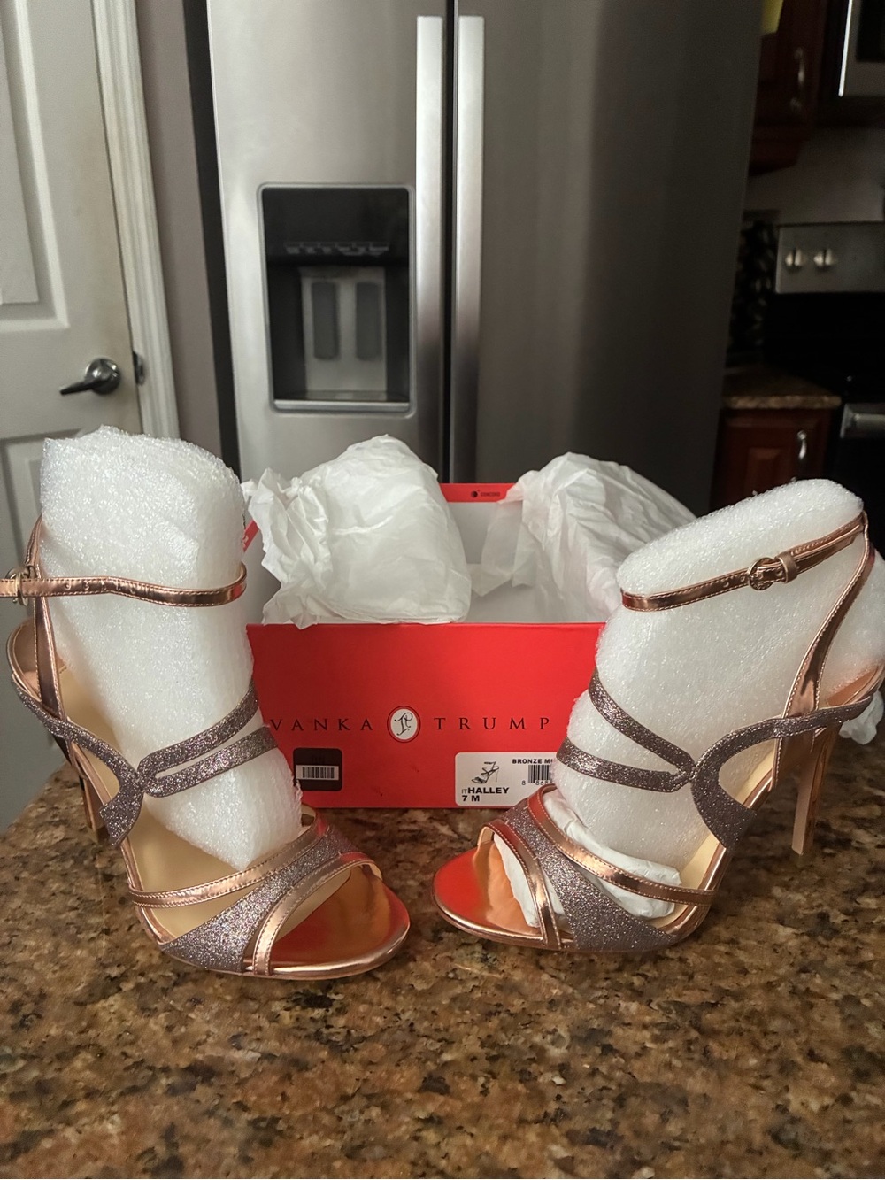 Ivanka Trump Rose Gold Metallic and Glitter Strappy Stiletto Sandals